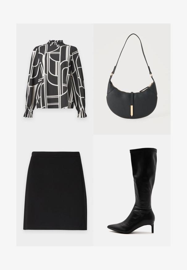 Blouse noire à manches longues avec des lignes géométriques abstraites blanches, col haut froncé et poignets froncés aux manches.; Jupe noire au design simple, avec une texture lisse et une taille ajustée. Inclut une poche latérale pour plus de fonctionnalité.; Botte en cuir noire montante au genou avec un bout pointu et un talon moyen fin sur un fond clair uni.; Sac à main noir en forme de croissant avec une bandoulière unique, une fermeture éclair dorée et une languette décorative rectangulaire dorée à l'avant.