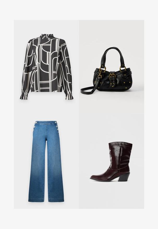 Blusa negra de manga larga con líneas geométricas abstractas en blanco, cuello alto con volantes y puños fruncidos en las mangas.; Pantalones de mezclilla azul de pernera ancha con cintura alta, acentos laterales abotonados y bajo recto. La tela tiene una textura suave con ligero desgaste.; Botines de cuero burdeos con punta afilada, superficie texturizada y tacón bajo cónico. Presentan costuras sutiles y un ajuste ceñido.; Bolso de cuero negro con hebilla y detalles de remaches dorados, asas cortas y una correa de hombro ajustable sobre un fondo blanco liso.