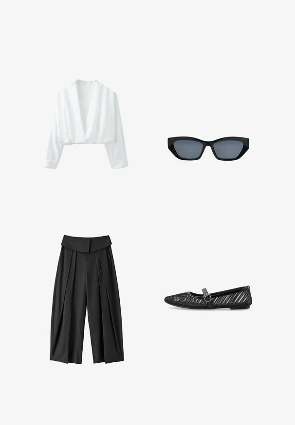 Blouse courte blanche à manches longues, col en V profond et coupe ample sur fond uni.; Pantalon noir taille haute à jambes larges avec plis devant et large ceinture pliée, présenté sur fond blanc.; Des ballerines en maille noire, équipées d'un bout rond, d'une fine bride avec boucle et d'une semelle plate. La partie supérieure présente un motif géométrique pour une meilleure ventilation.; Lunettes de soleil noires style œil de chat avec des montures épaisses et des verres teintés foncés, présentées sur fond blanc.