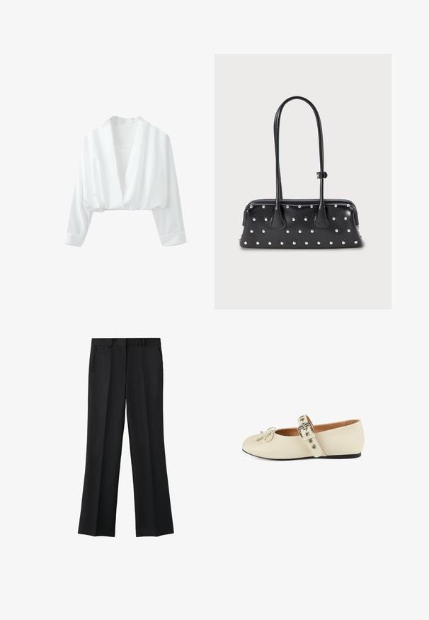 Blouse courte blanche à manches longues, col en V profond et coupe ample sur fond uni.; Pantalon formel noir droit avec pli devant, poches latérales et passants de ceinture, présenté sur fond blanc.; Ballerine en cuir beige avec un bout rond, détail en nœud et une bride de cheville avec une boucle en argent et des fermetures à pression. Semelle plate.; Sac à main rectangulaire noir avec de longues doubles poignées et des clous ronds en argent régulièrement espacés sur sa surface.