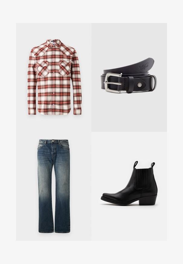 Rød og hvid ternet skjorte lavet af blødt stof, med knaplukning fortil, to brystlommer, spids yoke og lange ærmer.; Mørkeblå vide denimjeans. Har en falmet detalje, traditionelt fem-lomme design og en metal knaplukning i taljen.; Kentucky's Western Cowboy- / bikerstøvlette - black; Sort læderbælte med spænde i sølvmetal, en trykknap til justering og prægede detaljer på læderet. Glat tekstur over det hele.