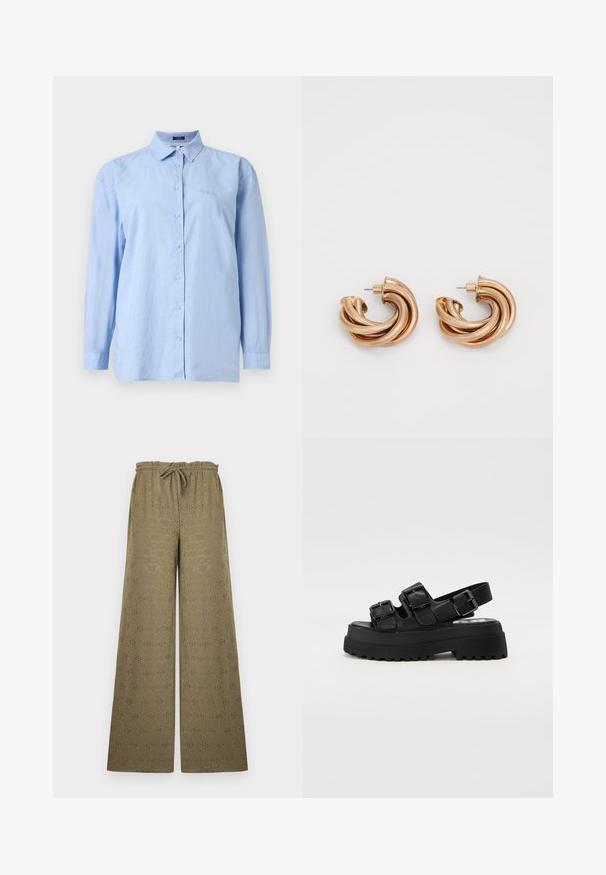Chemise bleu clair à manches longues, boutonnée avec col et logo brodé discret sur la poitrine gauche, sur un fond uni.; Pantalon kaki à jambes larges avec motif à œillets, taille élastique et cordon, présenté sur un fond clair uni.; Sandales à plateforme noires avec trois sangles réglables à boucles, une semelle texturée et une partie supérieure lisse. Conçues avec une silhouette robuste et massive.; Boucles d'oreilles en métal doré à design torsadé. Forme arrondie avec une texture lisse et brillante et un fermoir à épingle. Largeur et profondeur substantielles.