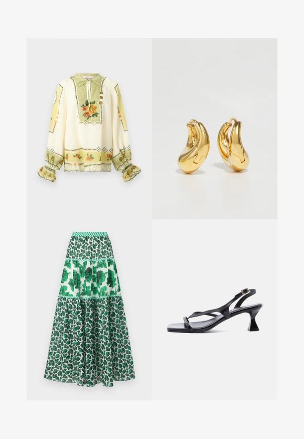 Blusa crema de manga larga con estampado floral amarillo y naranja, puños con volantes fruncidos y cuello con lazo y botones decorativos.; Falda maxi de estampado verde con cintura fruncida. Presenta un diseño de capas con estampados florales y diferentes tonos de verde.; Sandalia de mujer de cuero negro con tiras finas, punta cuadrada, hebilla ajustable en el tobillo y tacón acampanado de altura media.; Pendientes de aro de oro con forma curva y suave, y acabado pulido. Presentan un mecanismo de cierre y ligeras indentaciones para un toque de detalle.