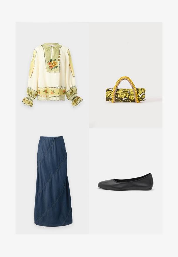 Blouse crème à manches longues avec imprimé floral jaune et orange, poignets froncés à volants et col à nouer avec boutons décoratifs.; Jupe maxi en denim de couleur bleu profond, présentant des motifs de couture diagonaux et une taille élastique pour une forme structurée et fluide.; Ballerines en cuir noir avec un bout rond, texture lisse, détails de couture minimalistes et design de semelle flexible.; Sac rectangulaire avec motif floral jaune et noir et anse tressée jaune et rose sur fond blanc.