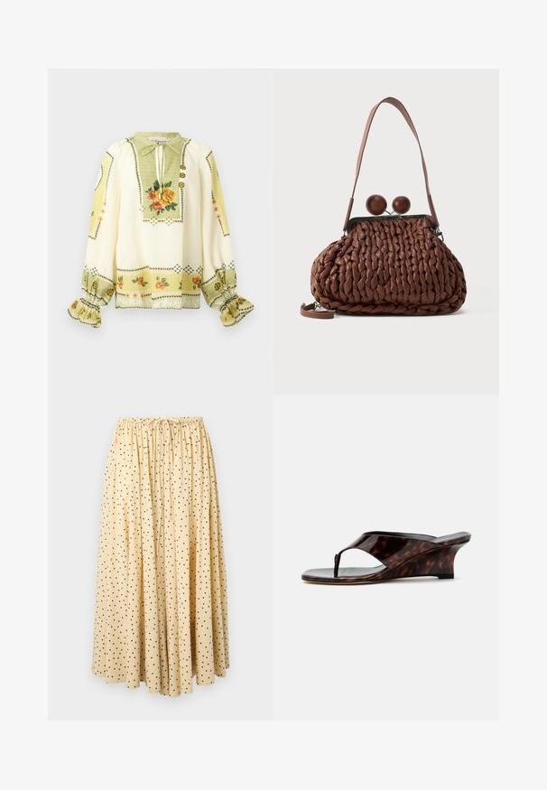 Cream long-sleeve blouse with yellow and orange floral print, smocked ruffle cuffs, and a tie-neck collar with decorative buttons.; Light beige midi skirt with black polka dots, gathered elastic waistband, and a front drawstring tie.; Women's wedge sandal with tortoiseshell pattern, open toe, and thong strap, shown from the side on a white background.; Brown woven leather handbag with a single strap and two large round wooden clasp closures on top.