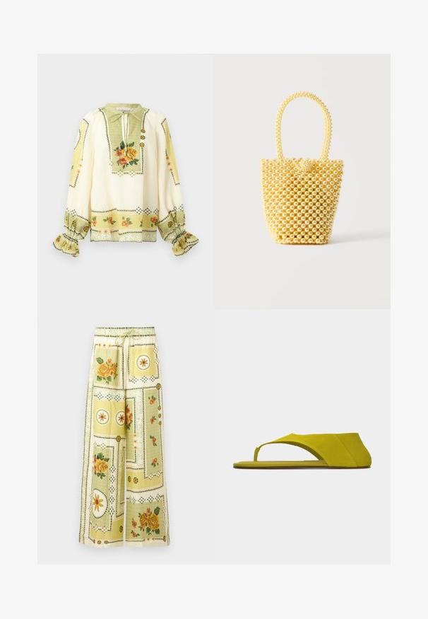 Blouse crème à manches longues avec imprimé floral jaune et orange, poignets froncés à volants et col à nouer avec boutons décoratifs.; Pantalon à jambes larges avec motifs patchwork floraux et géométriques jaune clair, ceinturé d'une bande élastique et d'un cordon de serrage.; Sandale plate en daim jaune-vert avec une large bride et une boucle pour l'orteil, vue de profil sur fond blanc.; Petit sac à main style bocal fait de perles crème brillantes avec une anse en perles bouclée et une fermeture décorative avec un nœud de perles.
