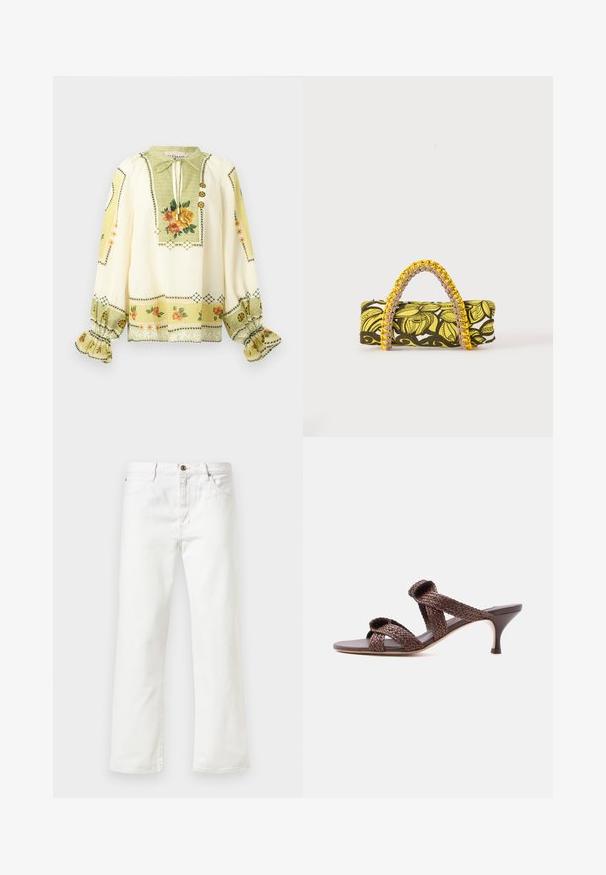Blouse crème à manches longues avec imprimé floral jaune et orange, poignets froncés à volants et col à nouer avec boutons décoratifs.; Jeans en denim blanc avec une coupe droite, dotés d'une fermeture à bouton et d'un style à cinq poches. Texture lisse et détails minimaux.; Sandale mule en cuir tressé marron avec deux brides et un petit talon bas sur fond blanc uni.; Sac rectangulaire avec motif floral jaune et noir et anse tressée jaune et rose sur fond blanc.