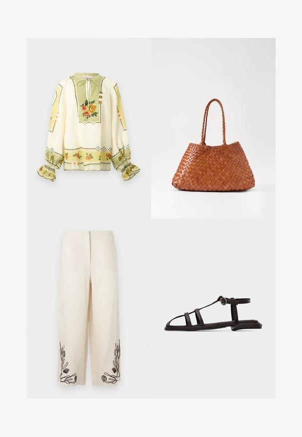 Blouse crème à manches longues avec imprimé floral jaune et orange, poignets froncés à volants et col à nouer avec boutons décoratifs.; Pantalon large crème avec des motifs brodés noirs d'algues et de coquillages près de l'ourlet sur les deux jambes.; Sandale plate marron foncé avec des brides texturées, boucle à la cheville et design à bout ouvert sur un fond clair uni.; DRAGON DIFFUSION SANTA CROCE BIG - Sac à main - tan