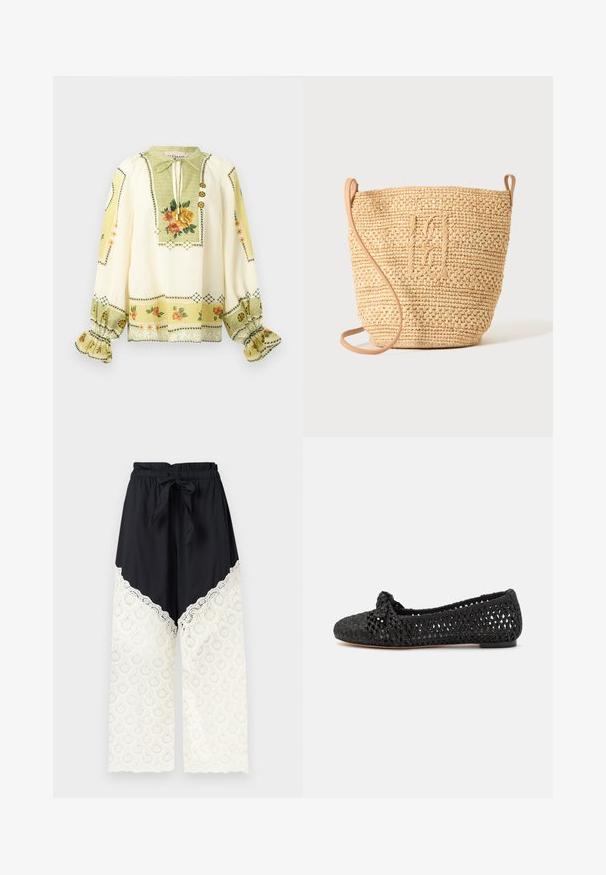 Blouse crème à manches longues avec imprimé floral jaune et orange, poignets froncés à volants et col à nouer avec boutons décoratifs.; Pantalon noir à jambes larges avec taille élastique et lien, présentant un détail en dentelle blanche du milieu de la cuisse jusqu'à l'ourlet.; Chaussure plate noire avec un dessus en textile tissé, mettant en avant un accent noué au niveau des orteils. Semelle lisse, forme de bout rond et design en tissage ouvert.; Sac seau en paille tressée avec motif texturé et bandoulière en cuir, présenté debout sur un fond clair uni.