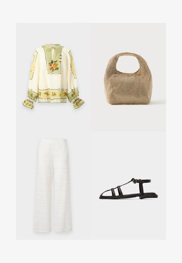 Blusa crema de manga larga con estampado floral amarillo y naranja, puños con volantes fruncidos y cuello con lazo y botones decorativos.; Pantalones blancos de pierna ancha con patrones bordados, detalles de ojales y un acabado texturizado; fabricados con una tela ligera para una mayor transpirabilidad.; Sandalia plana marrón oscuro con correas texturizadas, hebilla en el tobillo y diseño de punta abierta sobre un fondo claro liso.; Bolso pequeño de tono dorado cubierto de tachuelas redondas brillantes con un asa corta y un recorte rectangular en la parte superior.