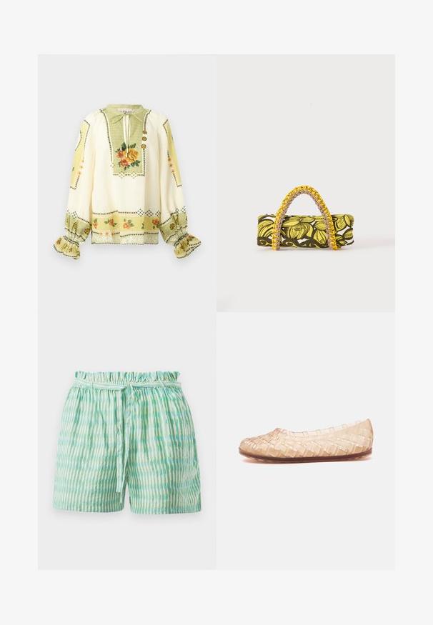 Blouse crème à manches longues avec imprimé floral jaune et orange, poignets froncés à volants et col à nouer avec boutons décoratifs.; Shorts légers avec une taille élastiquée froncée, ornés de rayures verticales alternées vertes et blanches, et munis d'une ceinture à nouer.; Chaussure plate tissée transparente beige avec bout arrondi et semelle marron, vue de côté sur fond blanc.; Sac rectangulaire avec motif floral jaune et noir et anse tressée jaune et rose sur fond blanc.