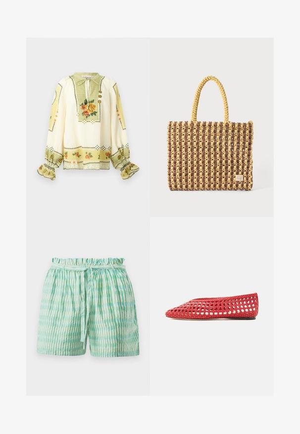 Blouse crème à manches longues avec imprimé floral jaune et orange, poignets froncés à volants et col à nouer avec boutons décoratifs.; Shorts légers avec une taille élastiquée froncée, ornés de rayures verticales alternées vertes et blanches, et munis d'une ceinture à nouer.; Chaussure plate rouge tissée avec un design ajouré ouvert et une semelle solide, vue de côté sur un fond blanc.; Sac tissé marron et jaune, de forme rectangulaire, avec deux poignées, et une finition texturée avec des coutures visibles et une étiquette de marque.