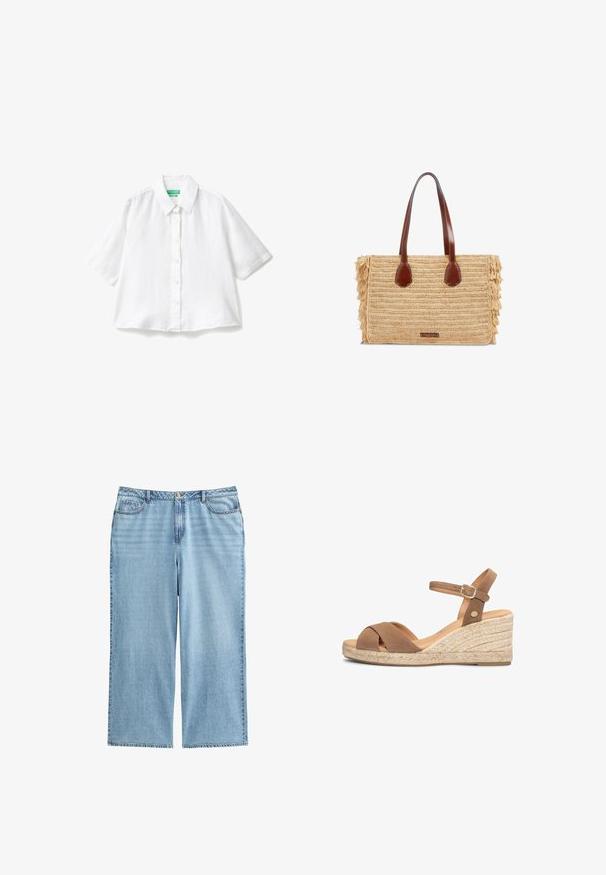 Camisa blanca de lino de manga corta con cuello, cierre frontal de botones y un corte relajado. Textura suave, sin patrones ni adornos.; Culottes de mezclilla azul claro con cintura alta, piernas anchas y diseño de cinco bolsillos, con costuras en contraste y cierre de botón.; Sandalia cuña de ante marrón con plataforma de cuerda trenzada, tira en el tobillo con hebilla y diseño de punta abierta.; Bolso rectangular tejido de paja con asas de cuero marrón y laterales con flecos, con una pequeña etiqueta frontal.