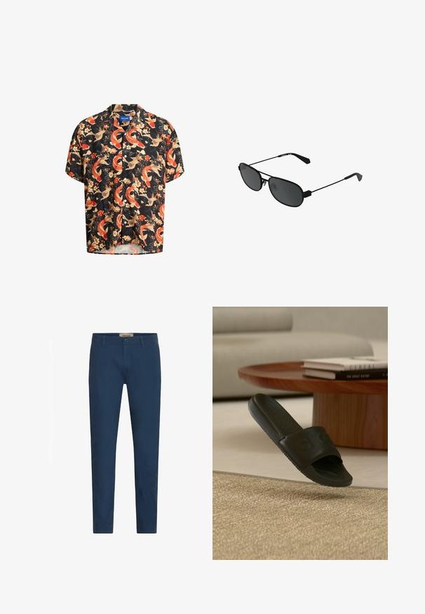 Kortærmet sort skjorte med knapper med orange koi-fisk og beige blomsterprint, med krave og et blåt Jack & Jones-mærke indvendigt.; Marineblå slim-fit herrebukser med bælteløkker, frontlukning med knap og sidelommer, præsenteret mod en hvid baggrund.; Sort Crocs slide sandal, der svæver over et beige tekstureret tæppe med et rundt træ sofabord og en sløret sofa i baggrunden.; Sorte solbriller med ovale linser, metalstel og slanke arme. Mørke tonede linser giver fuld dækning. Minimalistisk design fremhævet af metalaccenter.