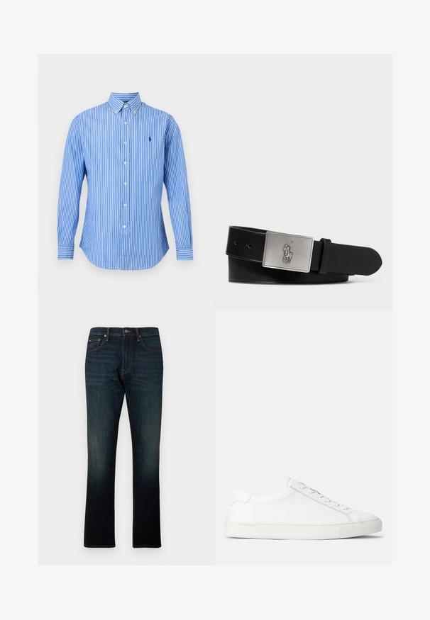 Langærmet blå skjorte med hvide lodrette striber, knappet krave og lille broderet logo på venstre bryst.; Mørkeblå straight-leg denim jeans med fem lommer og orange syninger, vist fladt på en hvid baggrund.; Hvide lædersneakers med en glat overflade, rund form, flad gummisål og hvide snørebånd. Har et minimalistisk design og diskret branding.; Sort læderbælte med en rektangulær sølvmetalspænde med et præget hestebuddy-logo, glat tekstur og fem hul til spænde.