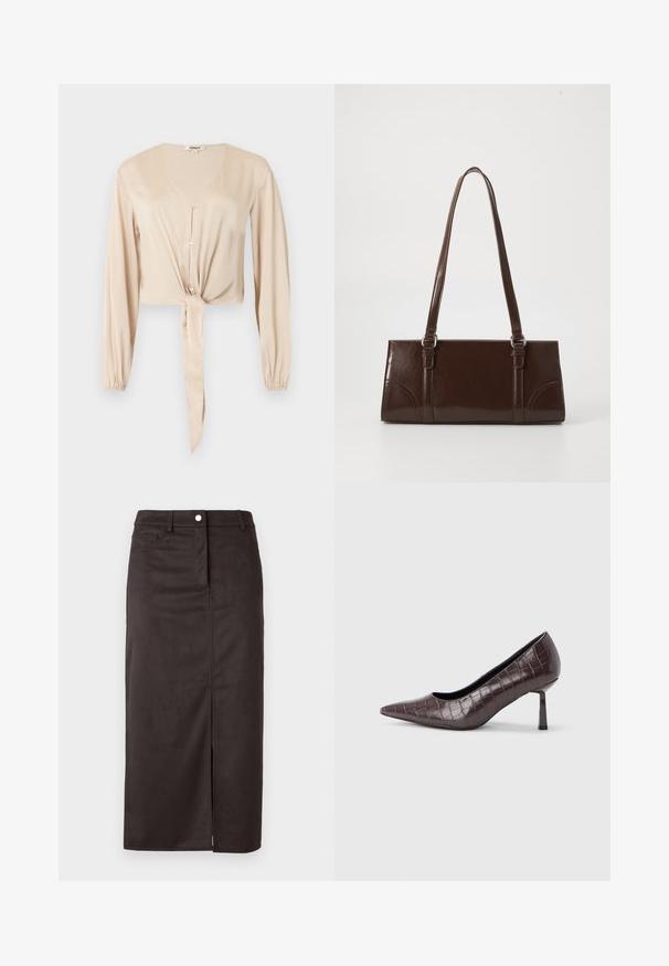 Blouse beige à manches longues avec col en V, boutons sur le devant, poignets élastiques et détail en tissu noué à la taille.; Jupe marron, longueur genou, fabriquée dans un tissu lisse. Présente une fente à l'avant, un fermoir à boutons et des poches latérales pour plus de fonctionnalité.; Escarpins à bout pointu en similicuir marron avec une texture crocodile, dotés d’un talon fin et angulaire ainsi que d’une doublure intérieure lisse.; Sac à main en cuir verni marron de forme rectangulaire, avec deux longues poignées et des accents courbés subtils à l'avant.