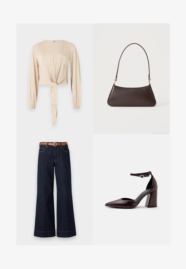 Blusa beige de manga larga con cuello en V, botones al frente, puños elásticos y un detalle de tela anudada en la cintura.; Jeans de mezclilla de un azul oscuro, de pierna ancha y con una cintura alta, cinturón marrón y detalles de costura visibles. Incluye bolsillos delanteros y un ajuste relajado.; Zapato de tacón alto de cuero marrón oscuro con punta puntiaguda, correa en el tobillo y hebilla plateada sobre fondo blanco.; Bolso de mano de piel marrón oscura con cremallera superior curva y una correa fina para el hombro con cierres dorados sobre un fondo liso.
