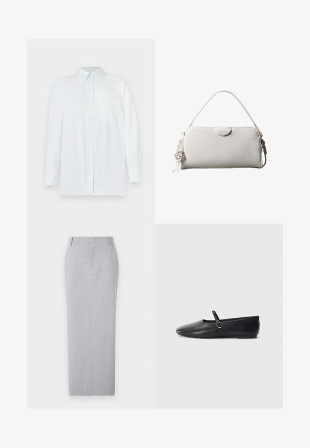 Lichtblauw button-up shirt met een kraag, lange mouwen en een borstzak. De stof lijkt glad met een subtiele textuur en heeft gele knopen.; Grijze op maat gemaakte kokerrok van gladde stof. Heeft een rechte snit, een vlakke voorkant en geen zichtbare zakken.; Zwarte leren balletschoenen met een spitse neus, platte zool en een kleine strap met een zilveren gespsluiting.; Witte rechthoekige Calvin Klein handtas met enkele handgreep, minimalistisch ontwerp en decoratieve kwastjes met geometrische metalen hanger aan de zijkant.