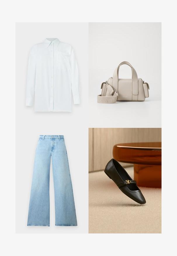 Camisa de botones de color azul claro con cuello, mangas largas y un bolsillo en el pecho. La tela parece suave con una textura sutil; presenta botones amarillos.; Jeans de pierna ancha de un azul claro, hechos de denim, con una cintura alta, que presentan un cierre de botón y cinco bolsillos. Textura suave con una silueta casual.; Zapato plano de cuero negro con puntera puntiaguda y logo dorado de CK en la correa, colocado sobre una alfombra beige cerca de una mesa redonda marrón ámbar.; Bolso beige con diseño estructurado, hecho de material sintético. Cuenta con dos asas superiores, una correa para el hombro desmontable y un bolsillo con cremallera.