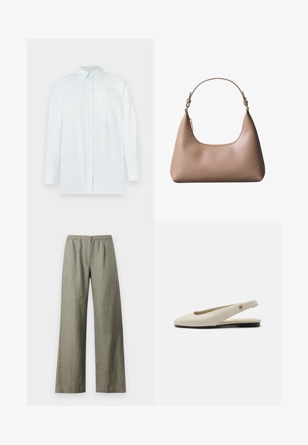 Chemise boutonnée bleu clair avec col, manches longues et poche poitrine. Le tissu semble lisse avec une subtile texture ; dispose de boutons jaunes.; Samsøe Samsøe SATOVE TROUSERS - Pantalon classique - vetiver; Chaussure plate slingback en cuir couleur crème avec un bout arrondi et un petit emblème doré sur la bride.; Sac à bandoulière en cuir beige avec poignée courte, fermeture éclair supérieure incurvée et logo minimaliste Calvin Klein à l'avant.