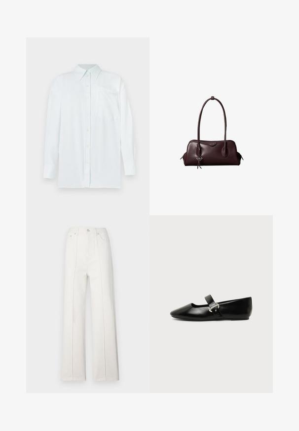 Chemise boutonnée bleu clair avec col, manches longues et poche poitrine. Le tissu semble lisse avec une subtile texture ; dispose de boutons jaunes.; Pantalon large en denim blanc à taille haute, avec des coutures verticales et une fermeture à bouton à l'avant. Texturé lisse avec un design épuré.; Chaussure plate Mary Jane en cuir noir avec bout arrondi et bride à boucle argentée sur fond uni.; Sac à main en cuir brun foncé Calvin Klein avec de longues poignées doubles et un petit porte-clé logo suspendu à une poignée.