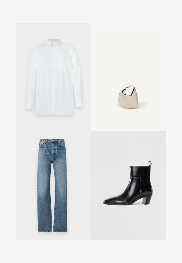 Chemise boutonnée bleu clair avec col, manches longues et poche poitrine. Le tissu semble lisse avec une subtile texture ; dispose de boutons jaunes.; Jean bleu clair taille haute avec un design à jambe droite, en tissu denim. Caractéristiques classiques avec cinq poches et quincaillerie en argent.; Bottine en cuir noir avec un bout pointu, un talon empilé géométrique et une languette à l'arrière. Texture lisse et design épuré.; Sac à main en cuir beige en forme de croissant avec une seule bandoulière et des coutures minimalistes, posé sur un fond blanc uni.