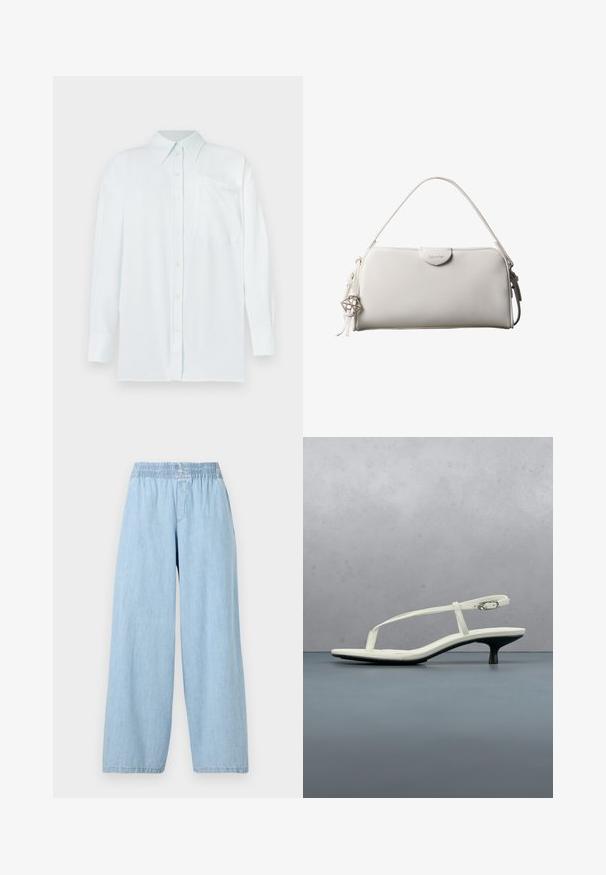 Light blue button-up shirt with a collar, long sleeves, and a chest pocket. Fabric appears smooth with subtle texture; features yellow buttons.; Light blue, wide-leg pants made of denim with an elastic waistband. Smooth texture with no visible patterns or embellishments.; White strappy kitten heel sandal with a pointed toe, floating above a wooden tile floor outdoors with a blurred plant and wall background.; White rectangular Calvin Klein handbag with single handle, minimal design, and decorative tassels with geometric metal charm on the side.
