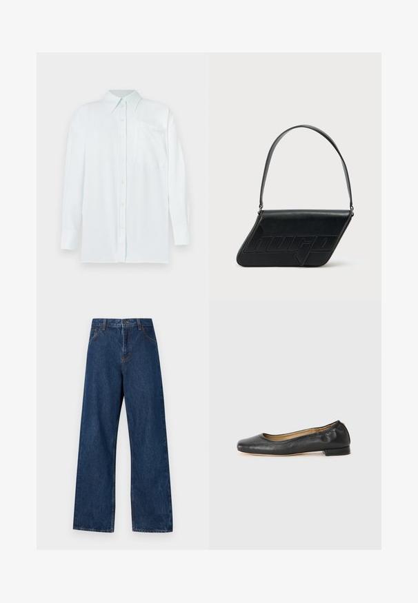Chemise boutonnée bleu clair avec col, manches longues et poche poitrine. Le tissu semble lisse avec une subtile texture ; dispose de boutons jaunes.; Jean large en denim bleu foncé avec un design classique à cinq poches. Présente des coutures contrastées et une fermeture par bouton à l'avant.; Ballerines en cuir noir avec un bout arrondi et des coutures minimales. Talon bas et rectangulaire avec une texture lisse. Détails subtils de doublure intérieure.; Sac d'épaule en cuir noir de forme triangulaire, avec un logo embossé et une seule bandoulière réglable. Design minimaliste avec une texture lisse.
