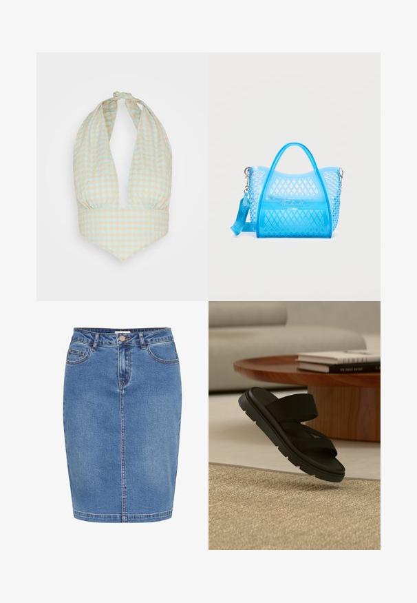 Neon & Nylon SUMMER CROPPED HALTERNECK - Blouse - blue radiance/orange; Denim rok in lichtblauw met een aansluitend ontwerp, sluiting met knopen aan de voorkant, vijf zakken en contrasterende stiksels langs de naden.; Zwarte instapsandaal met dikke zool die boven een beige gestructureerd tapijt zweeft, met op de achtergrond een ronde houten salontafel en boeken.; Blauwe doorschijnende handtas met een diamantpatroon, twee handvatten en een verstelbare schouderriem op een witte achtergrond.