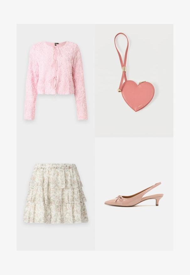 Rosa cropped jakke med lange ærmer, struktureret rosemønster, rund halsudskæring og frontlukning med bånd. Feminin design med blødt, lagdelt stof.; Hvid nederdel med et lagdelt, bølget design. Udstyret med et delikat blomster mønster i pink og grøn. Elastisk talje for komfort.; Patenteret pink slingback hæle med spids tå, sløjfedetalje foran og lav kittenhæl. Glat tekstur med en blank finish.; Lyserød hjerteformet lædermøntpose med håndledsrem og guldlås, mærket med lille gyldent "Furla"-tekst.