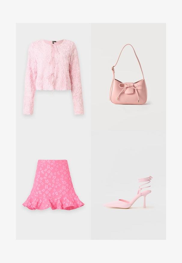 Chaqueta rosa corta con mangas largas, patrón de rosa texturizado, escote redondo y cierre delantero con lazo. Diseño femenino con tela suave y en capas.; Falda rosa de corte acampanado que presenta patrones florales en relieve, un dobladillo con volantes y una textura suave. Longitud por encima de la rodilla con una cinturilla ajustada.; Zapatos de tacón alto rosas con punta afilada, acabado satinado y tira en el tobillo con detalles entrecruzados. Silueta elegante y tacón fino.; Bolso pequeño de hombro color rosa pastel con correa ajustable y detalle de lazo en el frente con extremos dorados sobre un fondo liso.