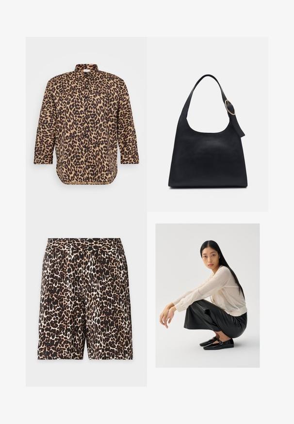 Chemise à boutons imprimée léopard en tan et noir, présentant un col classique, des manches longues et une coupe décontractée avec un ourlet légèrement arrondi.; Shorts longueur genou à imprimé léopard avec une ceinture élastique dans des tons de marron, noir et beige sur fond blanc.; Pull léger beige clair en maille transparente avec des manches bouffantes, associé à un pantalon large en cuir noir et des chaussures noires brillantes avec un détail de sangle.; Sac en cuir noir avec une texture lisse, un corps arrondi et une seule anse, ornée d'un accent en métal doré rond.