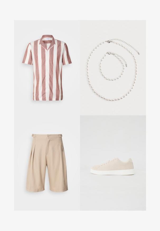 Kortærmet skjorte i let stof med brede lodrette striber i pink og hvid, med krave og frontknapper.; Beige plisserede shorts med et skræddersyet design, der har en glat tekstur og sidelommer, lukket med en skjult lynlås i taljen.; Beige ruskindsneakers med hvide gummisåler, rund tå og seks snøringshuller. Glat tekstur med minimalisk design.; Perle halskæde og matchende armbånd med sølv kæde låse arrangeret på en hvid baggrund.