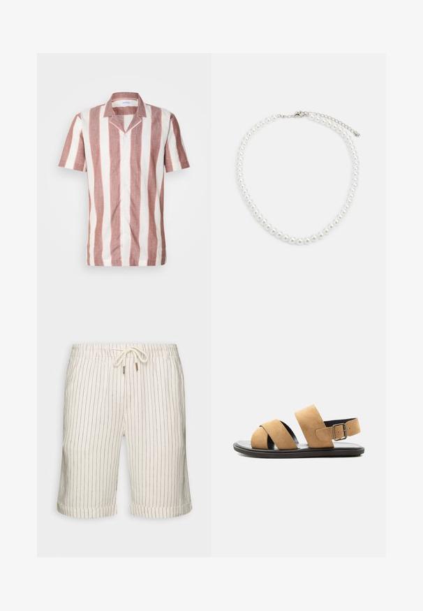 Chemise à manches courtes en tissu léger, ornée de larges rayures verticales rose et blanc, avec un col et des boutons sur le devant.; Shorts en mélange de lin couleur beige clair avec de légères rayures verticales marron. Dotés d'une taille élastique avec cordon de serrage et d'ourlets roulés.; Sandale en daim beige pour homme avec deux larges brides, semelle noire et bride de talon réglable avec boucle, présentée sur fond blanc.; Collier en perles blanches avec une forme ronde uniforme, surface lisse et fermoir en métal avec une chaîne d'extension pour une longueur ajustable.
