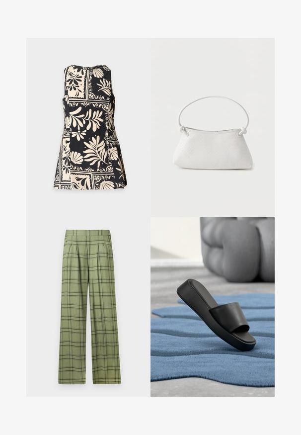 Mouwloze zwarte top met crèmekleurige abstracte bloemen- en bladerpatronen in vierkante blokken, weergegeven op een effen lichte achtergrond.; Groene wijde broek met een zwart plaid patroon en een hoge tailleband, voorplooien en zijzakken.; Zwarte slidesandaal rust op een gestructureerde blauwe mat met grote grijze gewatteerde meubels op de achtergrond.; Witte handtas van gevlochten leer met een afgeronde handgreep en uiteinden van de band die geknoopt zijn, afgebeeld tegen een effen achtergrond.