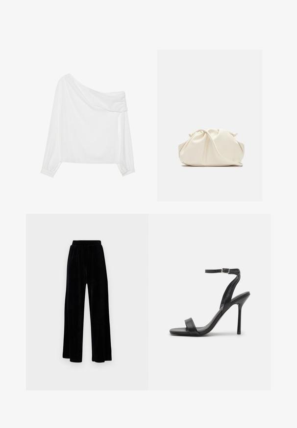 Witte, één-schouder blouse met lange, geraffineerde mouwen en gedrapeerd ontwerp. Gladde, lichtgewicht stof met een minimale textuur.; Zwarte, broek met wijd uitlopende pijpen gemaakt van zacht fluweel. Heeft een elastische tailleband en een gladde textuur, geschikt voor ontspannen draagcomfort.; Zwarte hoge hakken sandaal met een slanke enkelband en twee voorste banden. Gemaakt van soepel leer met een slanke puntneus en een stiletteloze hak.; Zachte, crèmekleurige leren clutch met geplooid, gerimpeld ontwerp en een dunne schouderriem die vooraan op een effen achtergrond ligt.