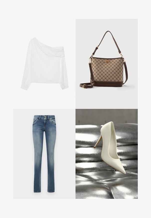 Witte, één-schouder blouse met lange, geraffineerde mouwen en gedrapeerd ontwerp. Gladde, lichtgewicht stof met een minimale textuur.; Lichtblauwe denim jeans met een rechte pijpdesign, twee voorzakken, een vervaagde afwerking en een klein versleten detail op de rechterdij.; Witte pump met hoge hak en een spitse neus, gemaakt van glad leer met een beige zool, geplaatst bovenop een gestructureerd metalen oppervlak.; Beige en bruine schoudertas met patroon, goudkleurige draaisluiting, verstelbare riem en gladde bruine leren afwerking.