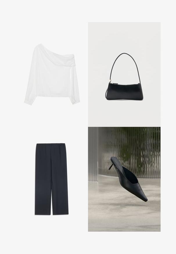 Blouse blanche à une épaule avec de longues manches froncées et un design drapé. Tissu lisse et léger avec une texture minimale.; Pantalon noir à jambes larges en tissu doux, doté d'une taille élastique et d'une silhouette droite. Aucun motif ni ornement présent.; Mule noire à bout pointu avec un talon fin et haut flottant au-dessus d'un sol en béton lisse, avec un arrière-plan flou à rayures verticales.; Sac à main rectangulaire noir avec une fine bandoulière et fermeture éclair, présenté sur un fond blanc uni.