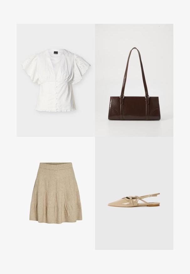 Blouse blanche avec manches courtes bordées de festons brodés, boutons avant recouverts de tissu, taille froncée et ourlet volanté sur un fond uni.; Une jupe courte beige en tissu doux et texturé, avec une taille côtelée et de légères plis près de l'ourlet.; Ballerines à talon bas en cuir verni beige avec un bout pointu, des brides décoratives et des boucles. Fini lisse et brillant avec un minimum de détails.; Sac à main en cuir verni marron de forme rectangulaire, avec deux longues poignées et des accents courbés subtils à l'avant.