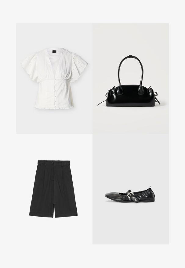 Blusa blanca con mangas cortas bordadas con borde festoneado, botones frontales cubiertos de tela, cintura recogida y dobladillo fruncido sobre fondo liso.; Pantalones cortos de lino negros con un ajuste relajado, con un frente plano, dos bolsillos laterales y un cierre de botón en la cintura.; Zapato plano de piel negra con puntera afilada, detalle fruncido alrededor de la abertura y un acento de hebilla plateada en la correa ajustable.; Pequeño bolso negro brillante con dos asas largas y detalles de cordón lateral sobre un fondo claro liso.