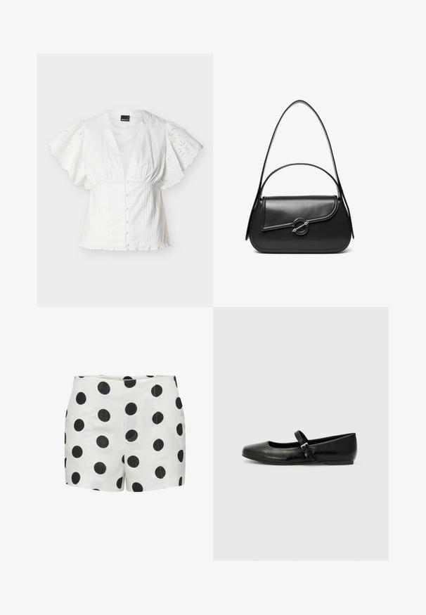Blouse blanche avec manches courtes bordées de festons brodés, boutons avant recouverts de tissu, taille froncée et ourlet volanté sur un fond uni.; Short blanc taille haute avec grands pois noirs, détails de couture devant et fermeture éclair invisible.; Ballerines en cuir noir avec un bout arrondi, une semelle plate et une fine sangle ajustable sur le cou-de-pied avec une boucle en métal.; Sac à bandoulière en cuir noir avec un rabat incurvé fermé par un fermoir métallique rond et une sangle fine et ajustable.