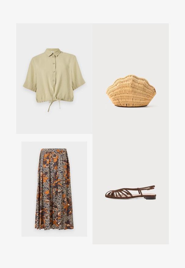 Chemisier court beige à manches courtes, avec col, patte de boutonnage et lien réglable à l'ourlet, présenté sur fond blanc.; Jupe midi avec taille élastique, présentant un motif floral et abstrait complexe bleu marine et orange brûlé sur fond crème.; Sandale plate marron avec plusieurs fines lanières et une petite boucle à la cheville sur un fond clair.; Sac à main en rotin tissé en forme de coquille Saint-Jacques de couleur brun clair naturel avec des bords arrondis et texturés.