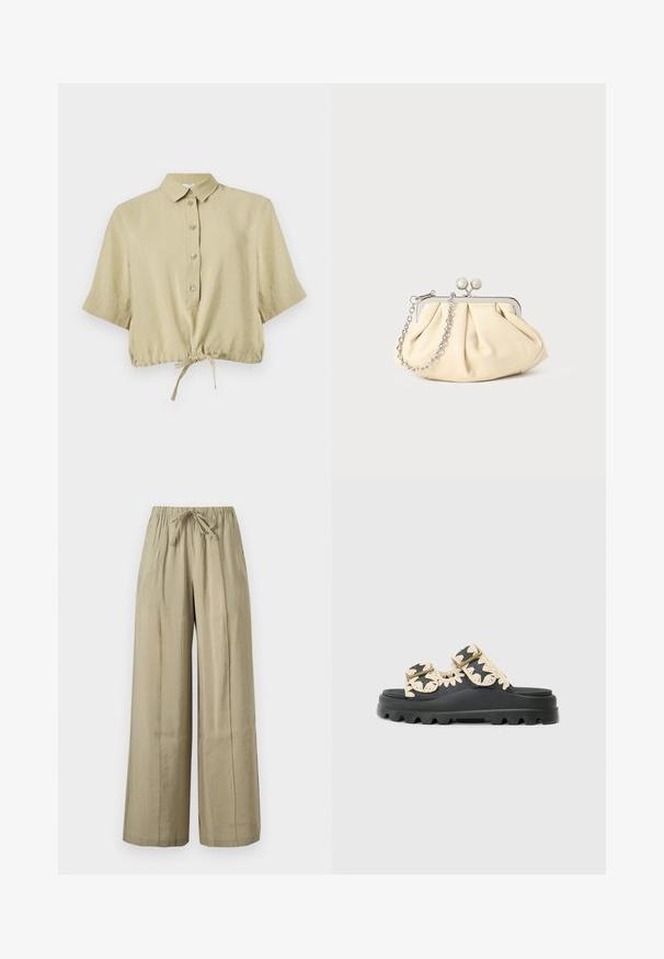 Chemisier court beige à manches courtes, avec col, patte de boutonnage et lien réglable à l'ourlet, présenté sur fond blanc.; Pantalon beige à jambes larges avec taille élastique et lien à l’avant, en tissu léger pour un usage décontracté.; Sandales noires avec deux larges brides, ornées d'accents tissés de couleur crème et d'une semelle texturée. Profil plat avec une base épaisse et striée.; Pochette en cuir beige plissé avec un cadre en métal argenté, dotée de deux fermoirs ronds décoratifs et d'une chaîne en argent.