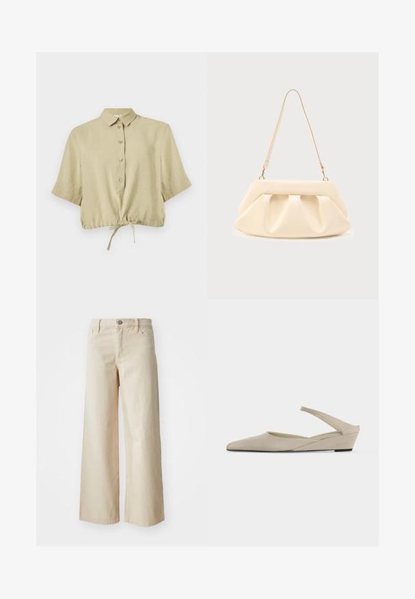 Beige cropped shirt met korte mouwen, kraag, knoopsluiting en verstelbare strik aan de zoom, weergegeven op een witte achtergrond.; Beige wijdvallende jeans van denim, met een hoge taille, knoopsluiting, riemlussen en zijzakken. Gladde textuur en relaxed fit.; Beige lage sleehak slingback schoen met puntige neus en gladde matte afwerking, getoond in zijaanzicht op een witte achtergrond.; Handtas van crème-kleurig leer met geplooide plooien, gouden hardware en een enkele dunne schouderband op een effen achtergrond.