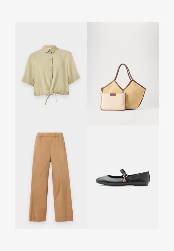 Chemisier court beige à manches courtes, avec col, patte de boutonnage et lien réglable à l'ourlet, présenté sur fond blanc.; Pantalon beige à jambes larges avec taille élastique, sans poches ni fermetures visibles, présenté sur un fond clair uni.; Chaussure plate Mary Jane en cuir noir avec une petite boucle dorée et un charme circulaire sur fond blanc.; Sac fourre-tout tissé beige avec garniture marron et anses, accompagné d'une petite pochette beige avec bords marron et fermeture éclair.