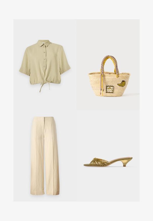 Beige cropped shirt met korte mouwen, kraag, knoopsluiting en verstelbare strik aan de zoom, weergegeven op een witte achtergrond.; Lange broek in een lichtbeige stof, met een gladde textuur en voorplooien, voorzien van een tailleriem zonder zichtbare hardware.; Gouden mule met open teen, lage kittenhak en knoopdesign op een effen witte achtergrond.; Geweven strooien tas met gevlochten gele en beige handvatten, versierd met een banaan patch en klein ingelijst visontwerp aan de voorkant.