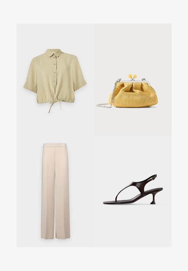 Beige kortærmet cropped skjorte med krave, knaplukning og justerbar snor forneden, vist på hvid baggrund.; Beige vidde bukser i et glat stof med høj talje og subtile frontfolder. Ingen lommer eller synlige hardware detaljer.; Mørkebrun laklædersandal med rem bagpå, lille hæl og tårem på hvid baggrund.; Lille gul vævet håndtaske med sølvramme, to gule kuglelåse og en sølvkæde som rem på hvid baggrund.