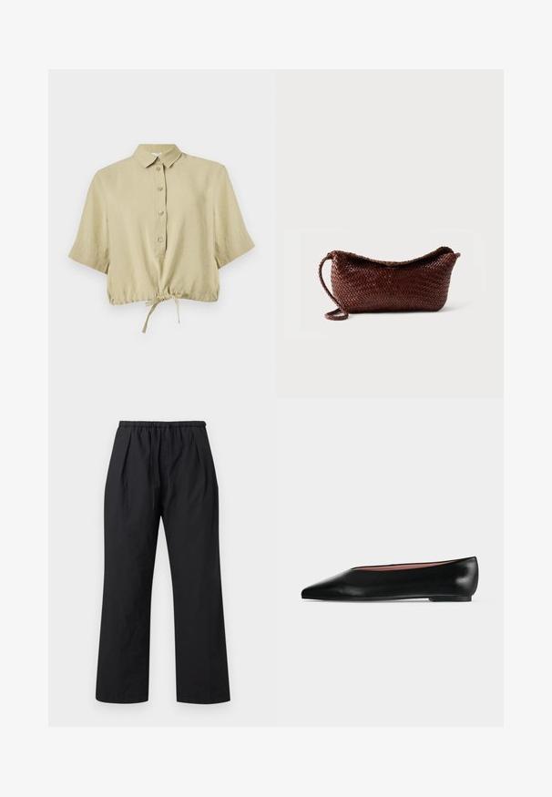 Chemisier court beige à manches courtes, avec col, patte de boutonnage et lien réglable à l'ourlet, présenté sur fond blanc.; Pantalon noir à jambes larges avec taille élastique et cordon ajustable, plis à l'avant et ourlet droit.; Chaussure plate en cuir noir pour femme, avec bout pointu et petit talon, vue de côté sur un fond gris clair uni.; Sac à main en cuir tressé marron avec une bandoulière unique et un dessus incurvé sur fond blanc uni.
