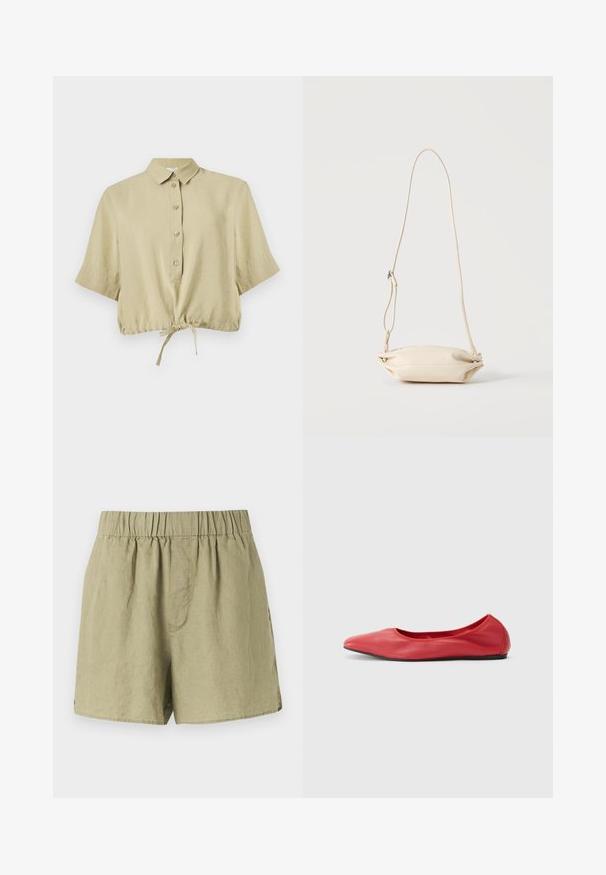 Beige kortærmet cropped skjorte med krave, knaplukning og justerbar snor forneden, vist på hvid baggrund.; Lysgrønne linnedshorts med elastisk talje, sidelommer og afslappet pasform. Har et glat, let struktureret stof.; Filippa K REY FLATS - Ballerinasko - bright red; Lille beige læder crossbody taske med justerbar rem, vist mod en ensfarvet lys baggrund.