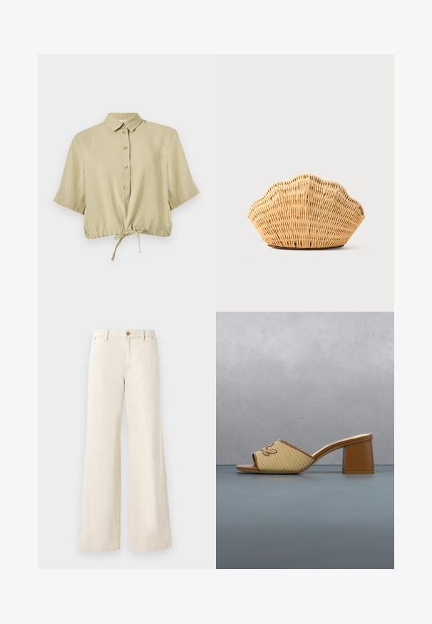 Beige kortærmet cropped skjorte med krave, knaplukning og justerbar snor forneden, vist på hvid baggrund.; Beige brede bukser lavet af bomuld med en glat tekstur. Har en knaplukning, forlommer og et klassisk taljedesign.; Brun hælet mule-sandal med vævet rem og "Karl" broderi, placeret på trægulv med grøn plante og stenvæg som baggrund.; Vævet rattan håndtaske formet som en kammusling med naturlig lysebrun farve og afrundede, strukturerede kanter.
